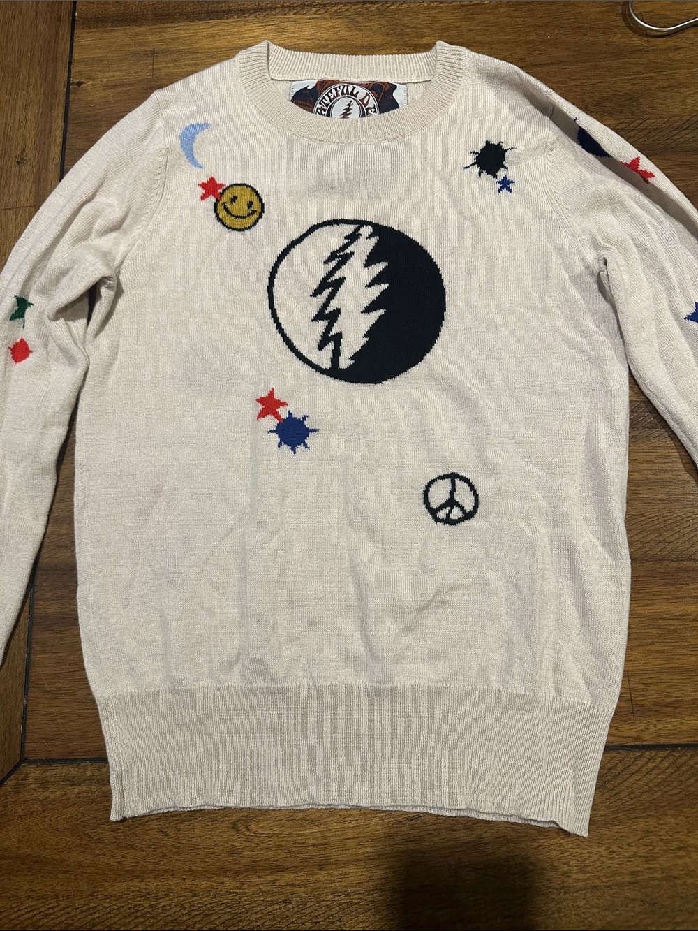 Grateful Dead Cream Sweater with Black Lightning Bolt and Multicolor Accents